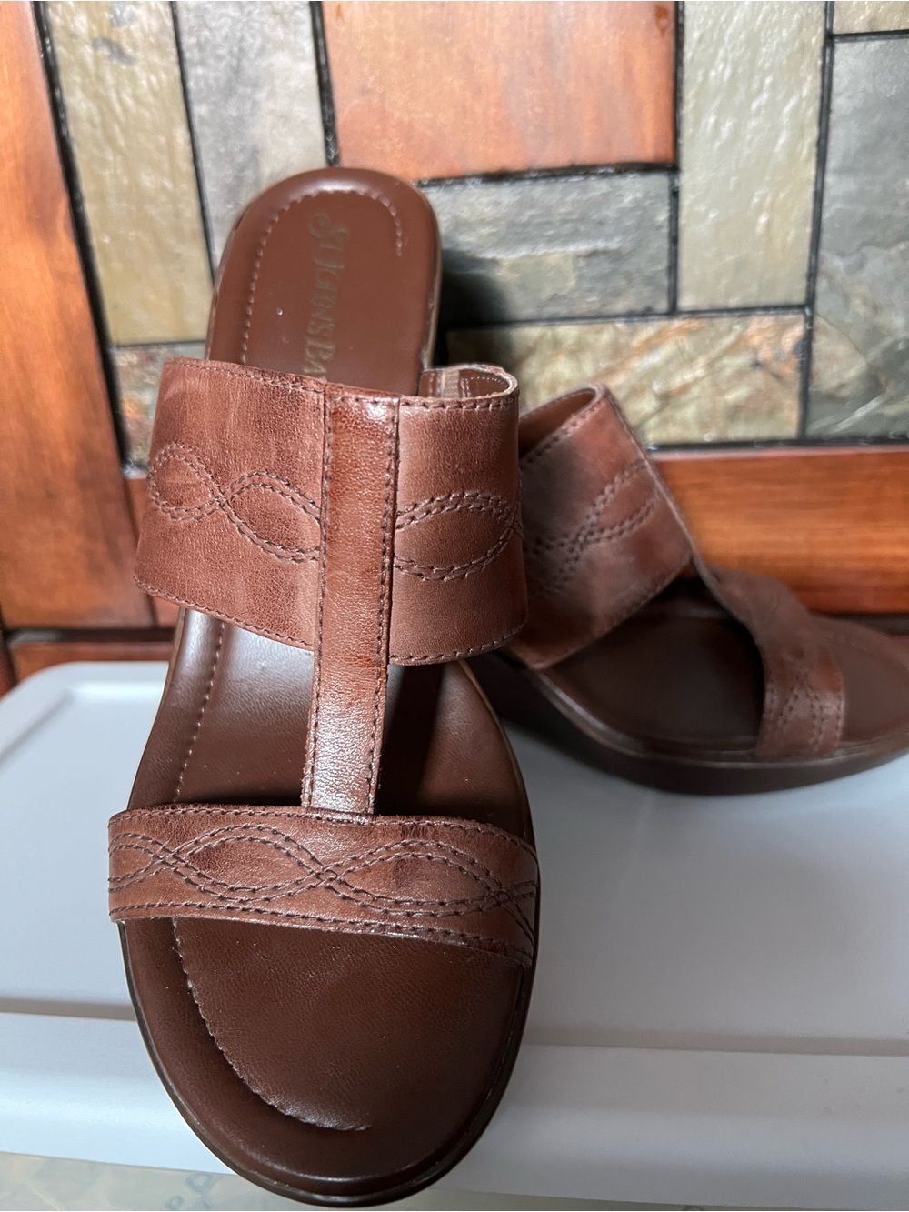St. John's Bay Brown Leather Slip-On T-Strap Sandals